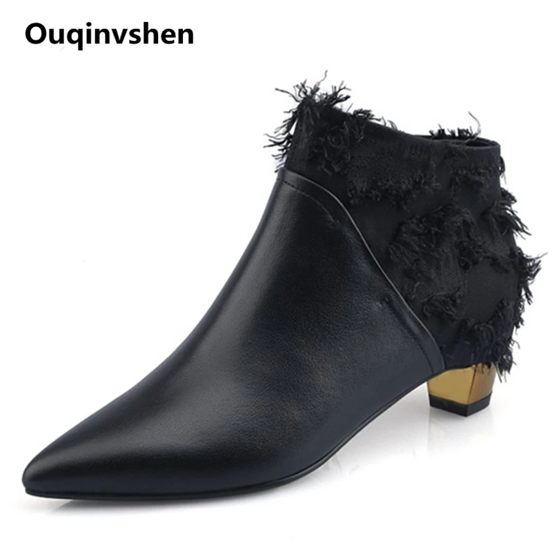 

Ouqinvshen Patchwork Pointed Toe Designer Shoes Fashion Plush Zipper Off White Ankle Boots Women Strange Style High Heels Boot