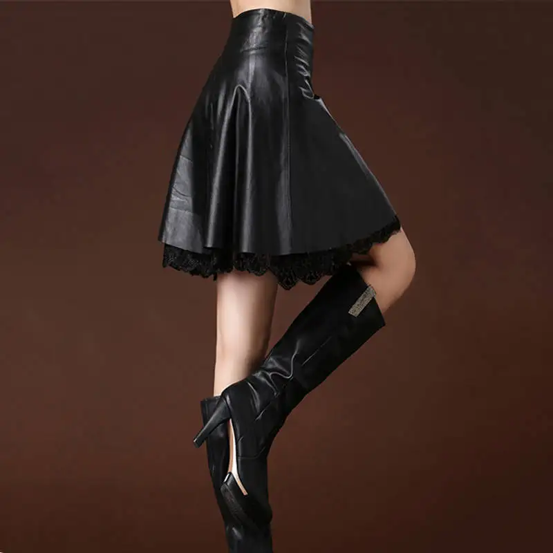 Осенняя пикантная Женская юбка из искусственной кожи с высокой талией черная кожаная кружевная юбка с вышивкой 4XL Размер юбка из искусственной кожи