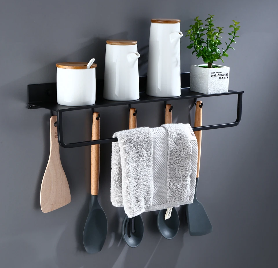 Черные полки для ванной 30-60 см длина на кухню стену полку душевая стойка для хранения корзины полотенце бар крючки для халатов аксессуары для ванной комнаты