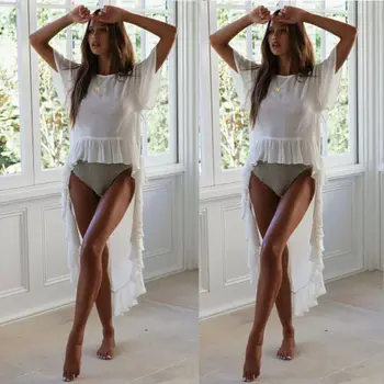 

Women Boho Beach Cover-Up Tops Blouse Beach Dress Ladies Casual Swallowtail Bikini Cover Bathing Swimwear Shirt Summer Beach