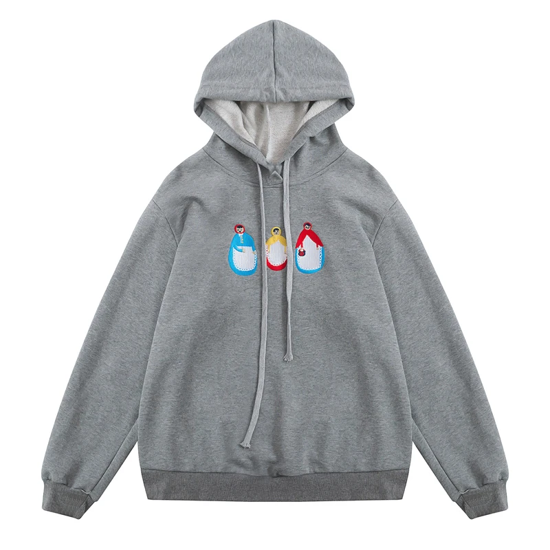 

Fashion Design Women Hoodies Grey Casual Pullover Sweatshirts Long Sleeve Ladies Loose Hooded Tops Cartoon Embroidery