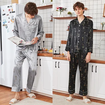 

New Summer Silky Sleep Pajamas Suit Mens Shirt Pants Sleepwear Sets Casual Home Wear Nightwear Faux Silk Robe Bath Gown L-XXL