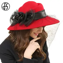 FS шерсть шляпа большой широкими полями для женщин зима 2019 Черные Шляпы вуаль фетр Джаз кепки дамы Лук Клош s церкви свадебные женские