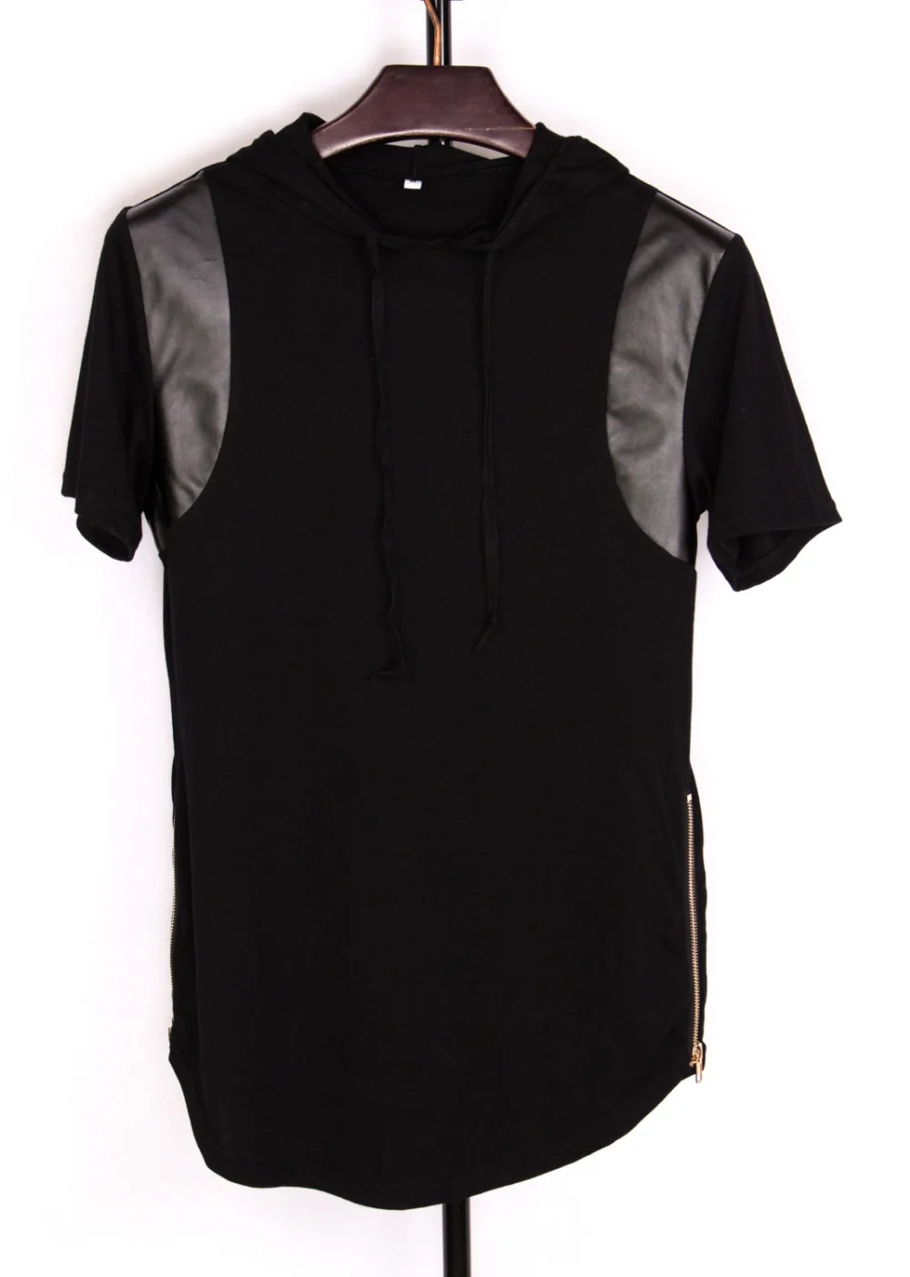

2018 Men Hip Hop T Shirt Fashion Gold Side Zipper 100% Cotton Summer T-Shirt PU Leather Patchwork With a Hood Extended Tops