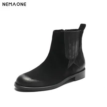 

NEMAONE Chelsea Ankle Boots Women Genuine Leather Low Heels Round Toe Classic Botas Designer Ladies Shoes large size 42 43 44