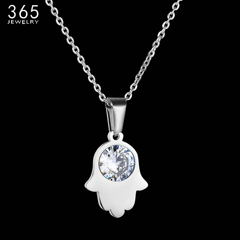 Simple Fashion Jewelry CZ Stone Hamsa Hand Pendant Necklace Silver Color Lucky Chain Necklace For Best Friend Birthday Present