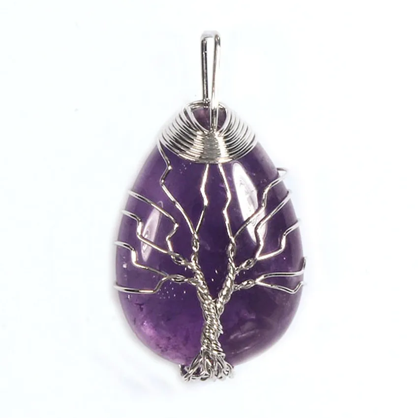 

100-Unique 1 Pcs Silver Plated Wire Wrap Tree of Life Water Drop Natural Purple Amethysts Pendant Modern Jewelry