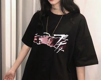 

HAHAYULE Korean Fashion Ulzzang Anime Face Black T-Shirt Harajuku Style Oversize Tee Gothic Grunge Clothing
