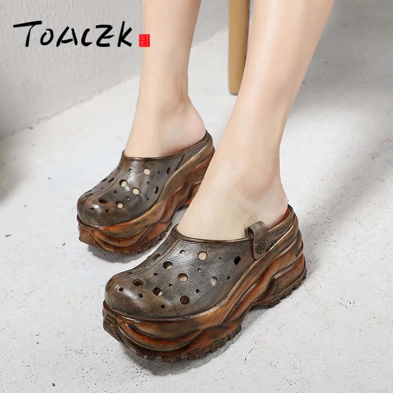 

TOACEK Summer Slippers Genuine Leather Shoes Handmade Hollow Slides Flip Flops Platform Clogs For Women Wedges Slippers
