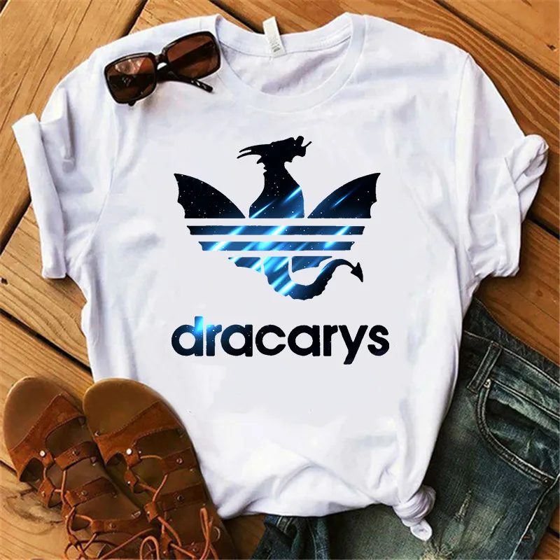 

Showtly Korean fashion dracarys women t shirt Plus size mom short sleeve dragon print Casual soft white t-shirt tops tee
