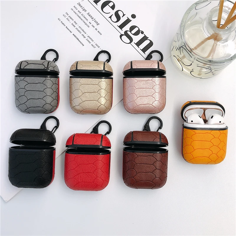 

VETOMEET Exquisite Snake texture Leather Bluetooth Wireless Buckle Earphone Case For Apple Airpods Hook design Charging Box case