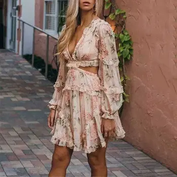 

V-Neck Sexy Dress Top Quality Celebrity Print Pink Hollow Out Mini Fashion Night CLub Party Vintage Dresses
