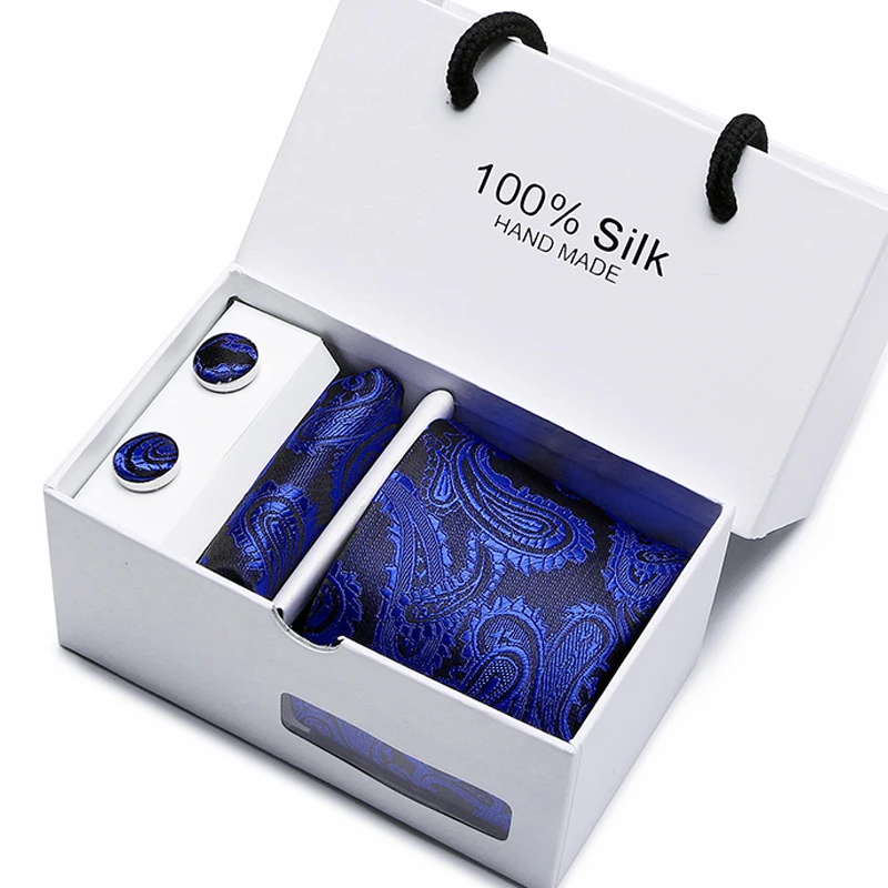  Gift box packing men brand luxury necktie pocket square wedding mens neck ties silk tie set cufflin