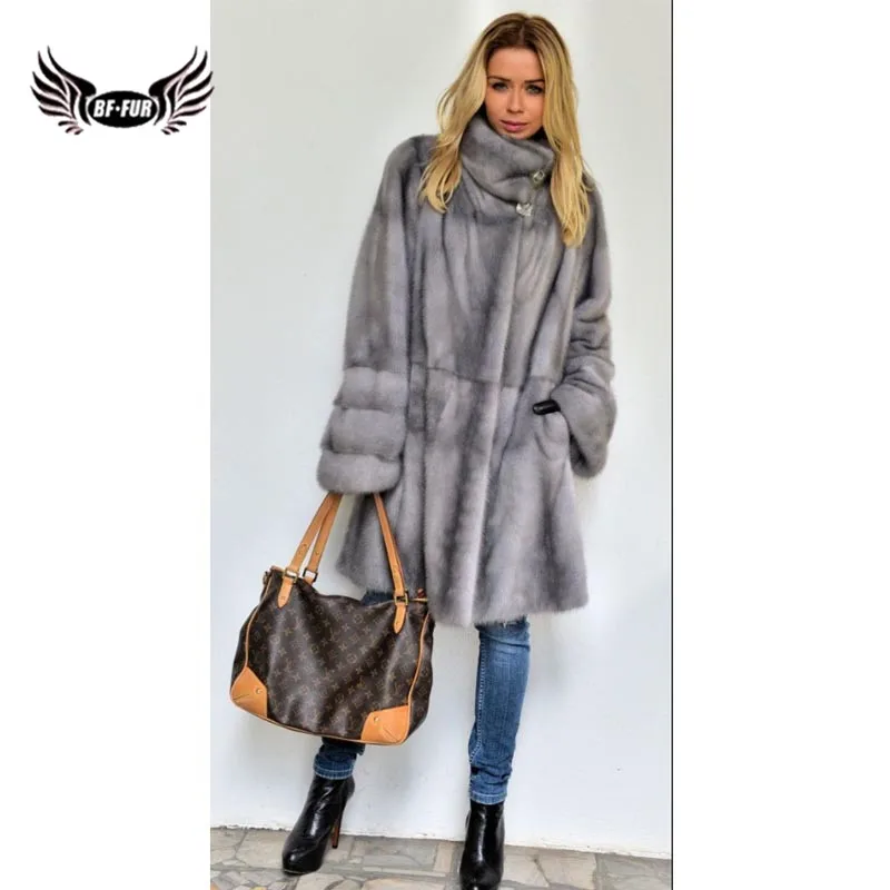 

BFFUR 2019 New Arrival Genuine Mink Fur Outerwear Women Winter Coat Slim Solid Casual Jacket Ladies Leather Clothing Gothic Coat