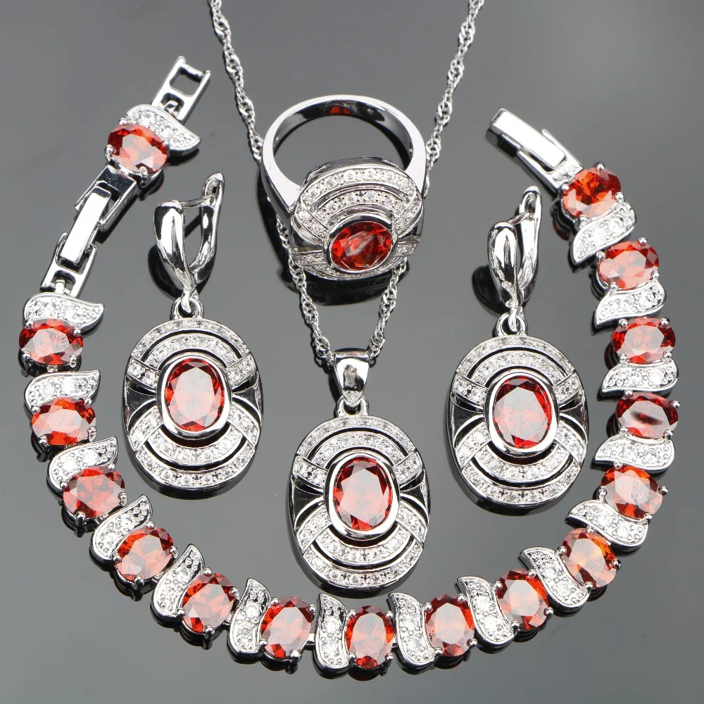 

Red Zirconia Silver 925 Costume Bridal Jewelry Sets Women Stones Earrings Pendant Necklace Ring Bracelets Set Jewellery Gift Box