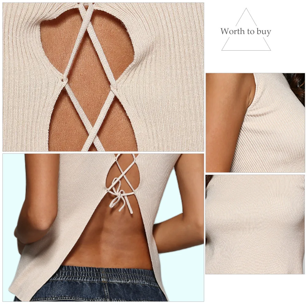 Sexy Round Neck Back Cross Rib Knitted Women Blouse