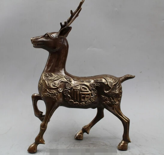 

wholesale factory 12" Chinese Folk Feng Shui Bronze Fu Longevity Deer Crane Statue Sculpture