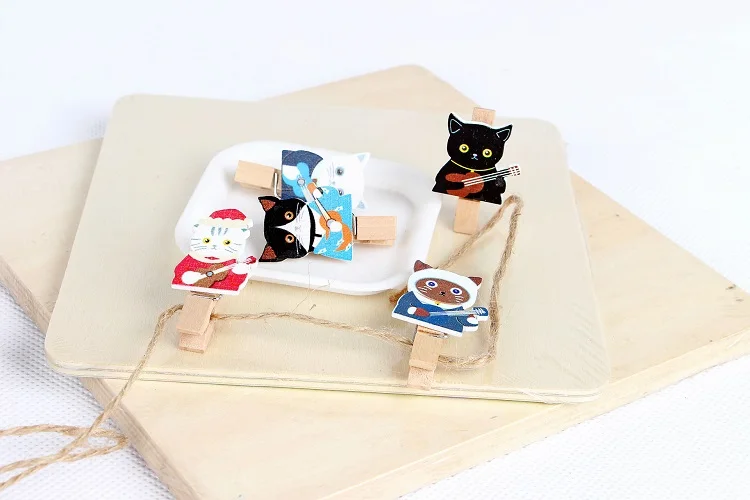 10 Pcs/Set Cute Guitar Cat Wooden Clip Photo Paper Clothespin Craft Clips Party Decoration Clip with Hemp Rope