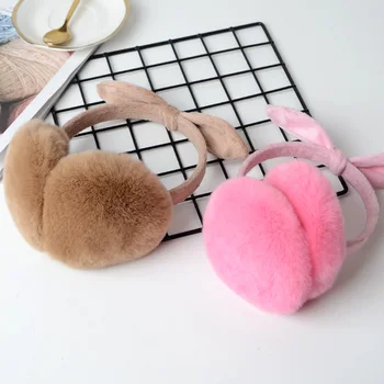 

FXFURS Winter Real Rex Fur Earmuffs Bow Decorative Warm Sweet Color Ladies Fluffy Ear Warmer Girls Rabbit Fur headphones