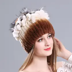 Русские подарки шляпа Кепки для Для женщин с натуральным кроличьим Мех животных Skullies шапочки Шапки 2017 Зимние Оригинальные Для женщин Мех