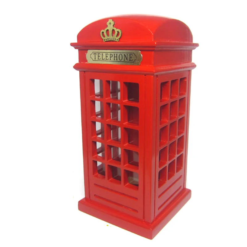 

British Wood Money Coin box Piggy London Street Red Telephone Booth Bank Souvenir Model Box