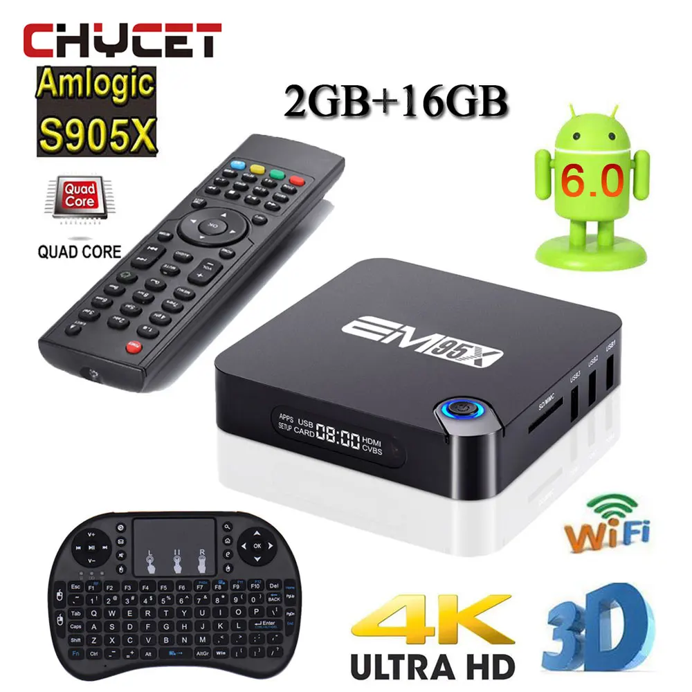 

EM95X 2GB DDR3 16G ROM Android 6.0 TV Box Amlogic S905X Quad-Core Full loaded WiFi 4K H.265 Streaming Media Players +Keyboard