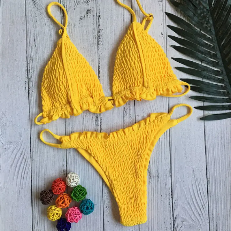 

2019 Summer Sexy Micro Bikini Set Women Push-Up Padded Pleated Bra and Thongs Triangle Swimwear Swimsuit Beachwear Bathing Suit