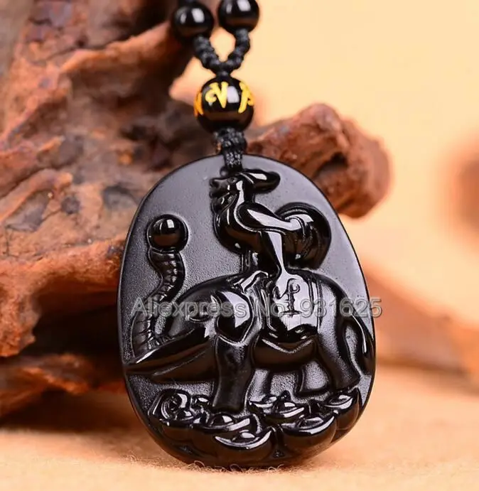 

Beautiful Natural Black Obsidian Carved Elephant Cock Lucky Chinese Twelve Zodiac Totem Pendant + beads Necklace Fashion Jewelry