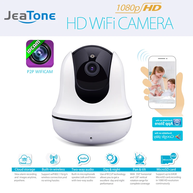 

JeaTone CMOS Wireless IP Camera Wifi 1080P HD Panoramic Mini P2P Camera Home Security CCTV Camera 360 Degree Night Vision IR Cut