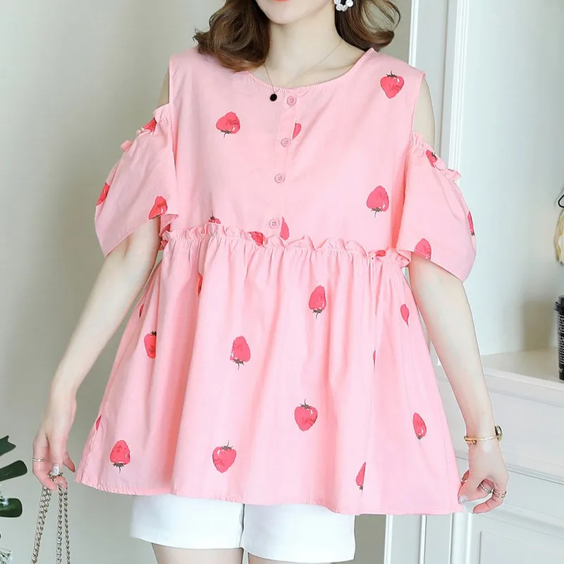 

New Plus Size Strapless Shoulder Maternity Clothing Pint Fold Tops O-neck Pregnancy Shirt Clothes For Pregnant Women 2019 Summer