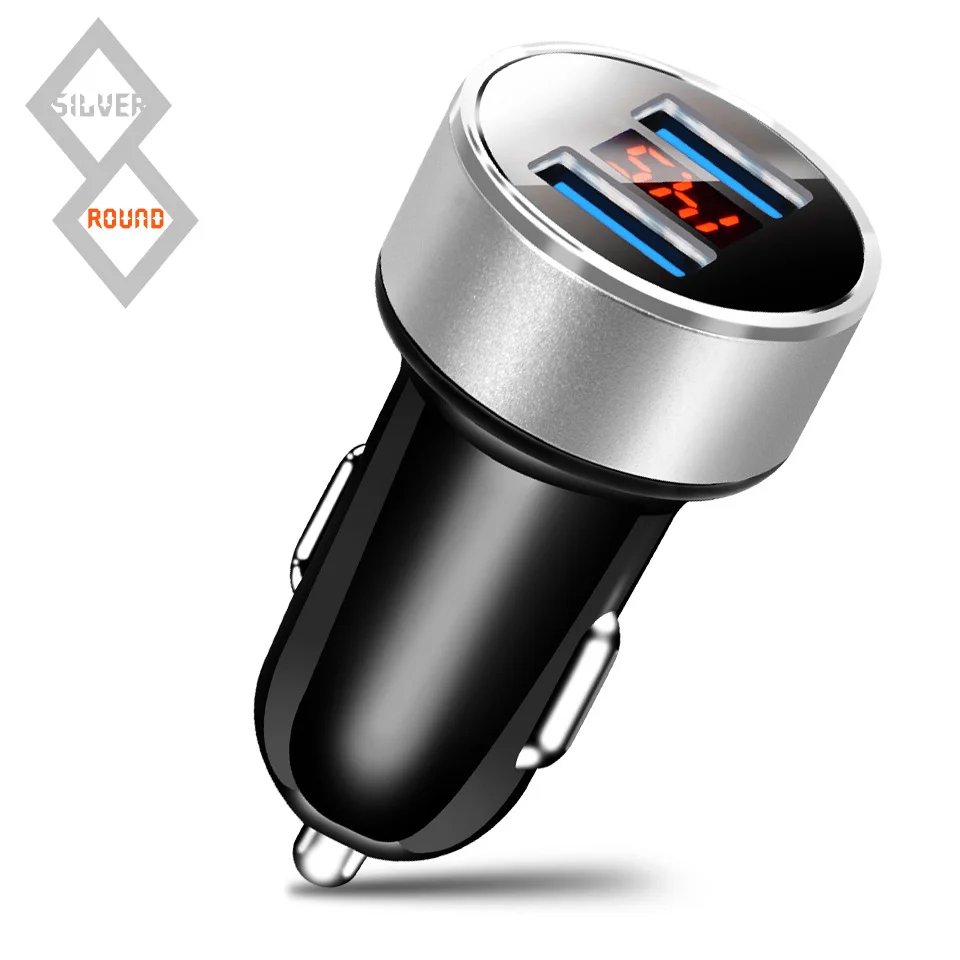 3.1A 5V Dual USB Автомобильное зарядное устройство с светодиодный дисплей Универсальный телефон автомобильное зарядное устройство для samsung S10 Plus S9 S8 iPhone XS X 7 8 Plus планшет - Тип штекера: silver round