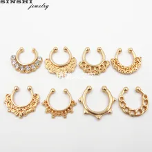 SINSHI New Fashion Light Yellow Gold Color Alloy Fake Nose Rings For Women Crystal Punk Hoop Nose Rings And Studs Body Jewelry