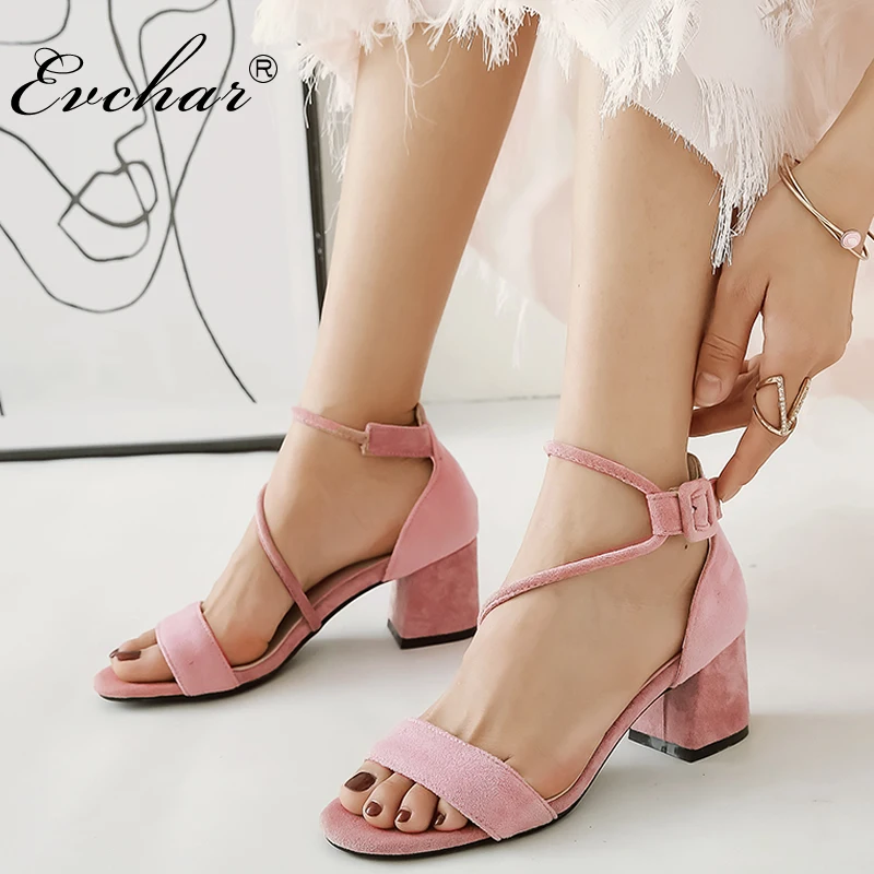 

EVCHAR New Women Ankle Strap Heels Sandals Summer Shoes Women Open Toe Chunky med Heels Dress Sandals large size 31-47