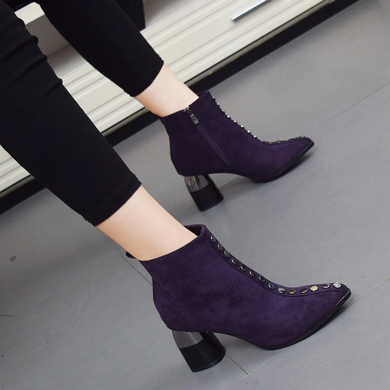 

MoBeiNi Stylish and comfortable bow stiletto pointed short Martin boots high heeled bare boots ankle slip-on riding knot solid