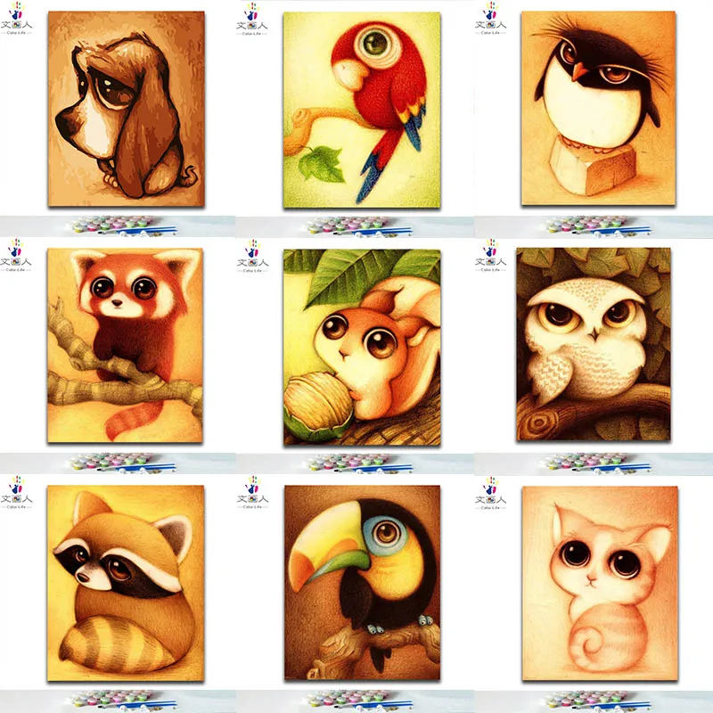 

DIY colorings pictures by numbers with colors Big eye animal Cartoon Cat dog Owl Mole picture drawing painting by numbers framed