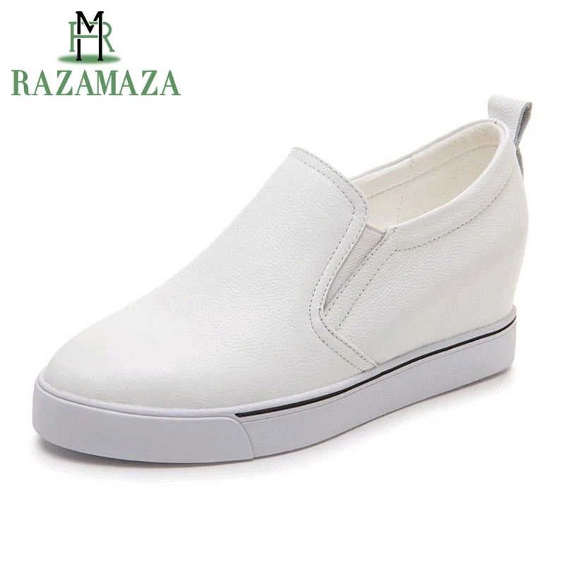 

RAZAMAZA Size 34-40 Leisure Shoes Genuine Leather High Wedges Shoes Women Round Toe Wedges Pumps Basic Work Daily Footwears