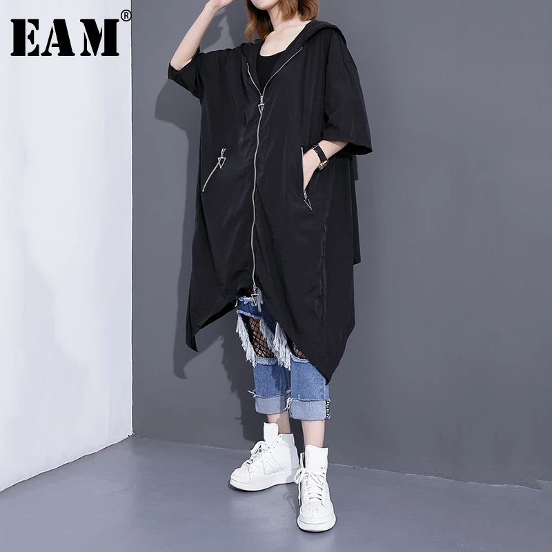 [EAM] 2018 New Summer Hooded Long Sleeve Black Back Striped Split Joint Loose Big Size Jacket Women Coat Fashion Tide JF584