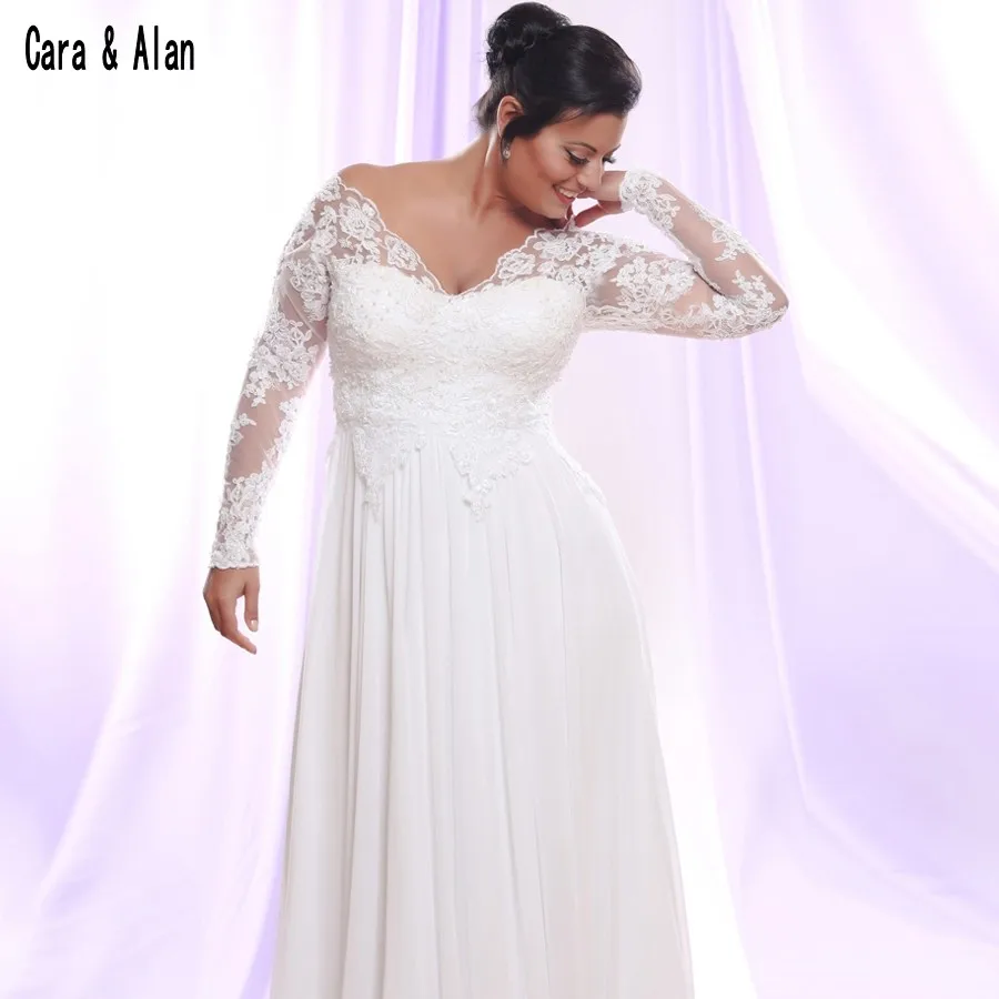 Винтажные шифоновые Свадебные платья больших размеров с длинными рукавами с v-образным вырезом и кружевной аппликацией пляжные свадебные