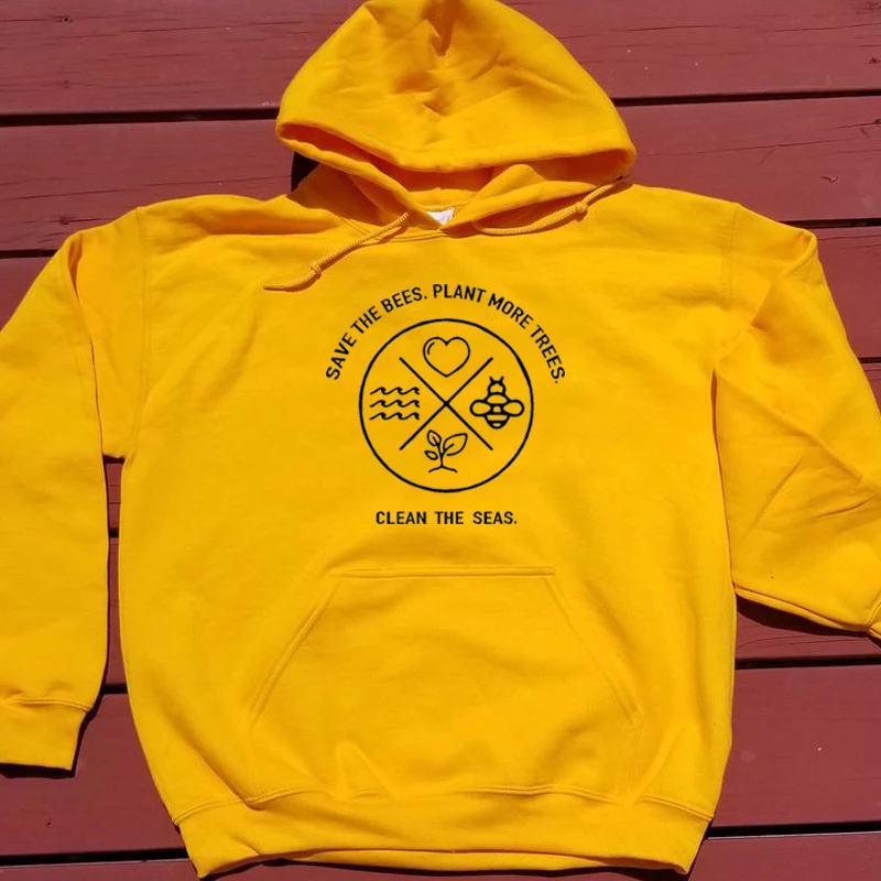 

Save The Bees Women Hoodies Tumblr Harajuku Yellow Clothing Plant More Trees Clean Seas Pullover Top Causal Coat Drop Shipping