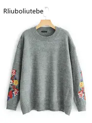 Свободные Цветочные свитер с вышивкой Для женщин с круглым вырезом одежда с длинным рукавом Повседневное трикотажный пуловер свитер
