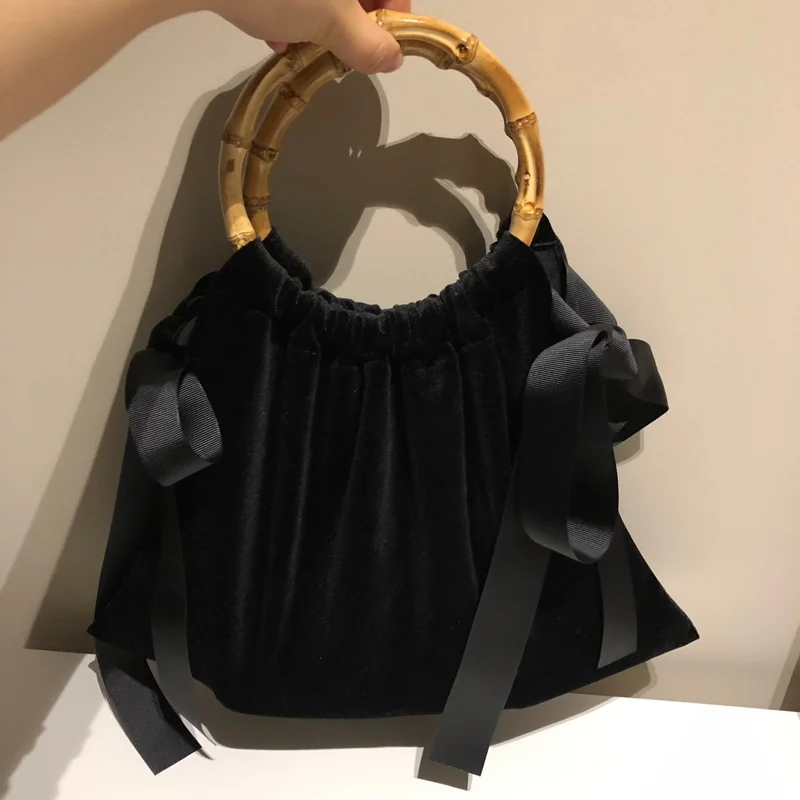 

Retro Casual Velour Totes New South Korean Large Capacity Velvet Shoulder Bag Environmental Bamboo Round Hand Black Handbag