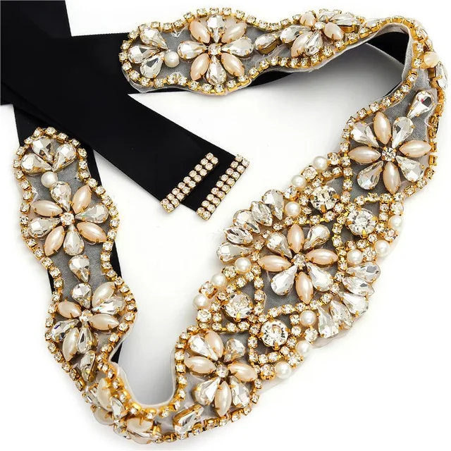 MissRDress Wedding Rhinestones Bridals Belt Pearls Crystal Bridal Belt Jeweled Bridal Sash For Wedding Dresses Pearl Belts JK806 Gold---black