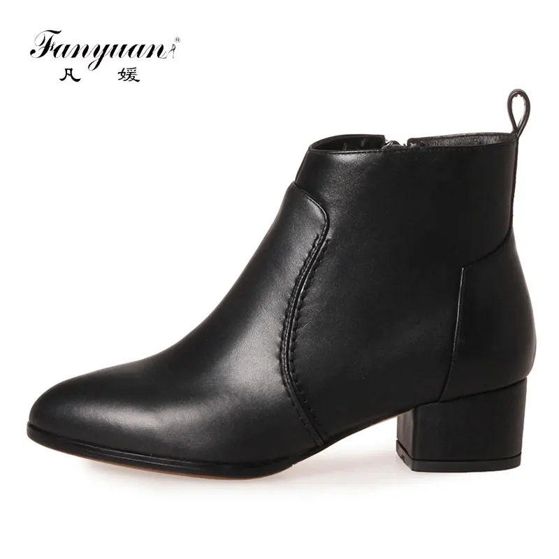 

Fanyuan Fashion Genuine Leather ankle boots Black Mid heel Zipper boots Spring/Autumn Comfort Work Boots women's shoes