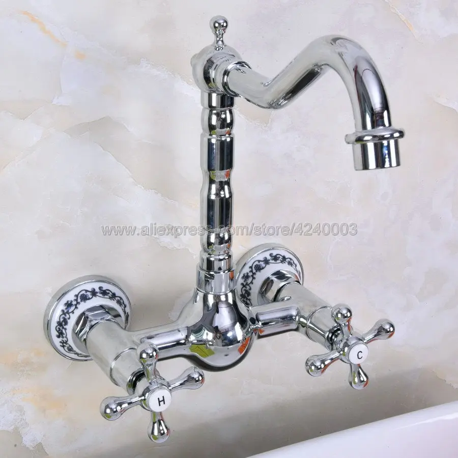 

Polished Chrome Wall Mounted Dual Cross Handles Swivel Spout Kitchen Sink Mixer Tap / Bathroom Basin Faucets Kna965