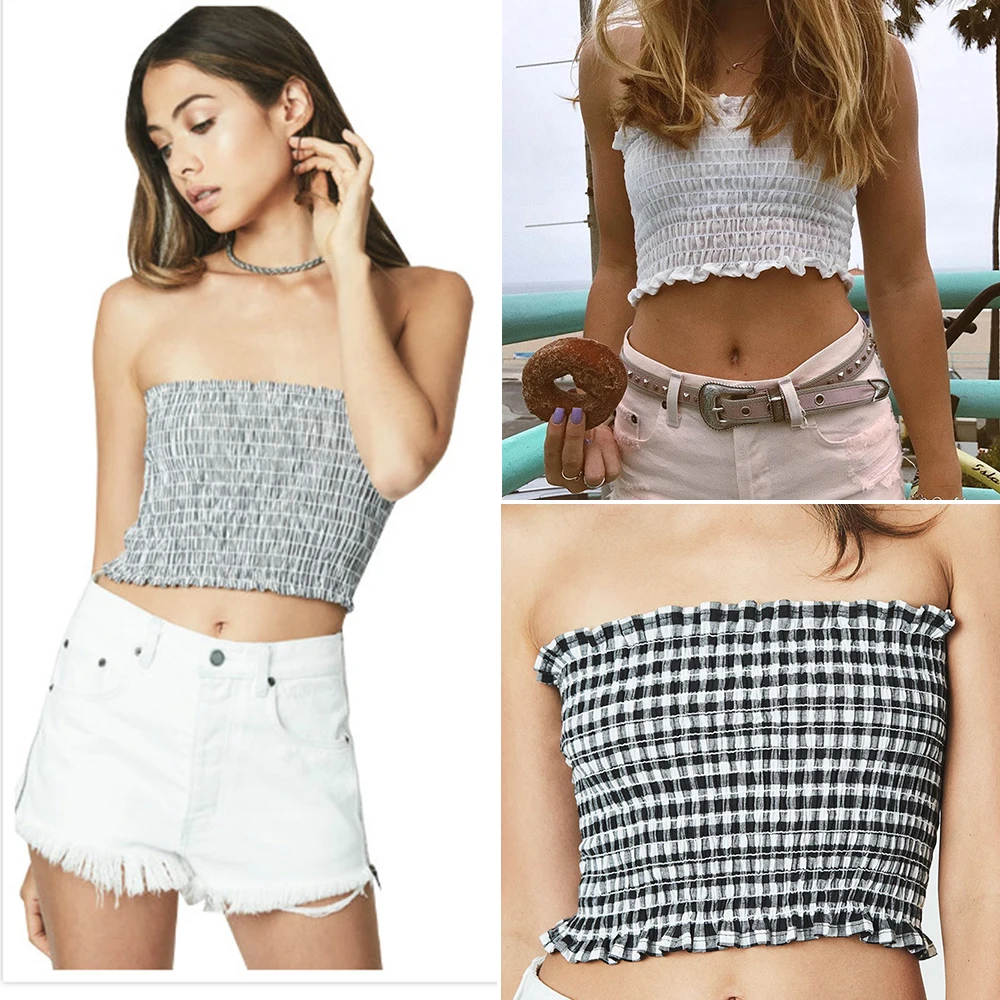 

Womens Strapless Sleeveless Ribbed Tube Crop Top Strapless Tank Tops