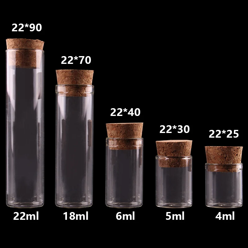 

4ml/5ml/6ml/18ml/22ml Small Test Tube with Cork Stopper Bottles Jars Vials DIY Craft 100pieces