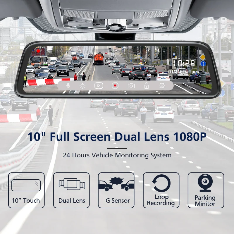 AWESAFE 10'' IPS Touch Screen 1080P Car DVR Dual Lens DashCam Parking monitor Rear view Mirror camera Driving Recording Recorder