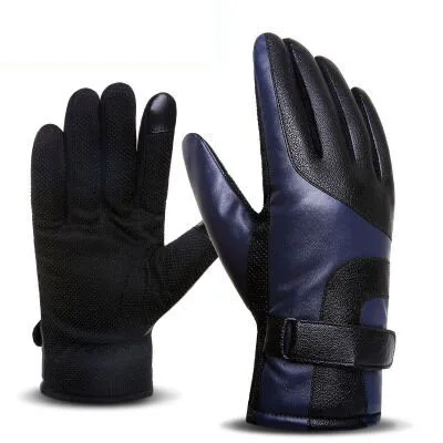 SUOGRY новые зимние мужские кожаные перчатки плюс толстые бархатные теплые перчатки простые предотвращают перчатки от холода для мужчин - Цвет: blue