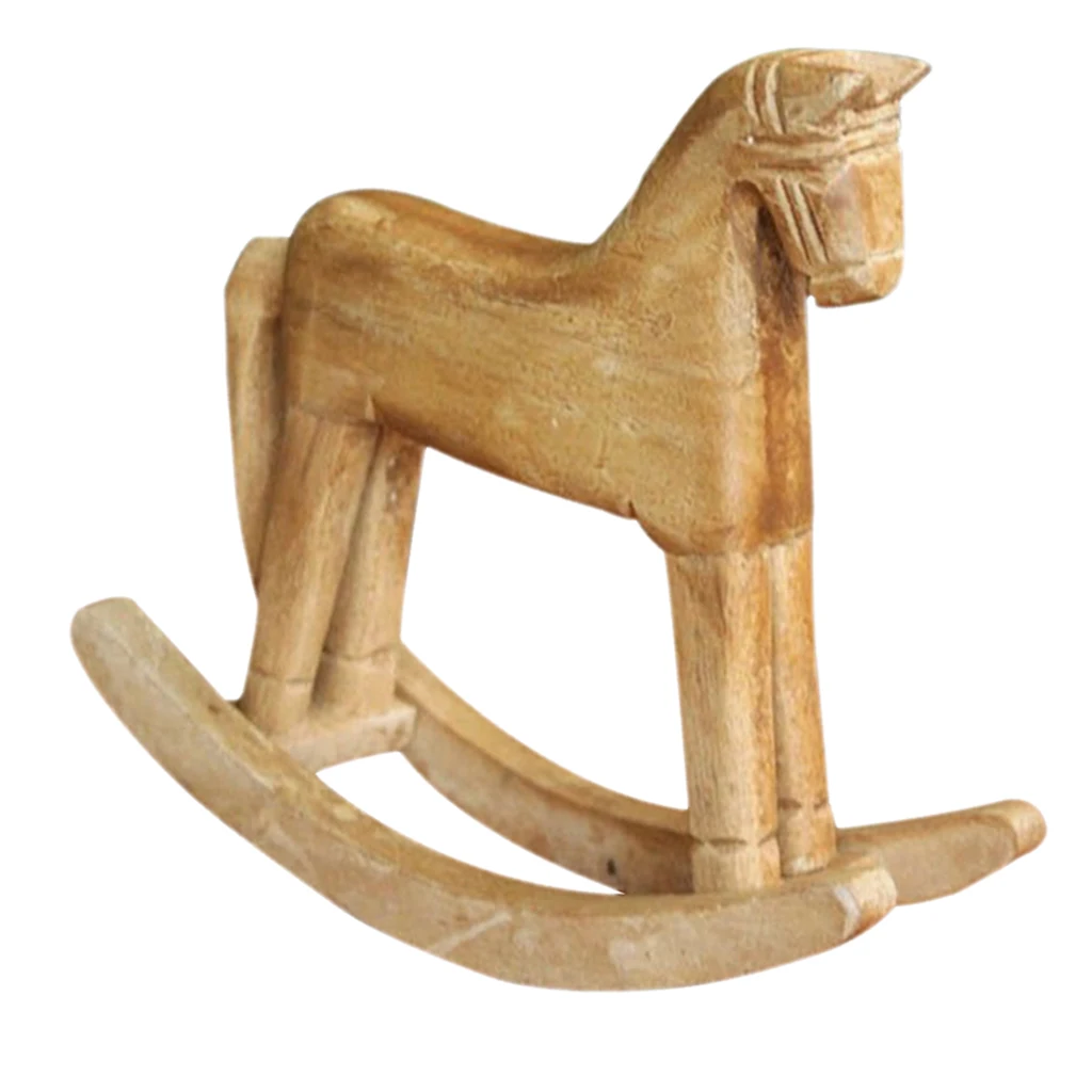 Vintage Style Wood Rocking Horse Animal Decoration Wood Carved Craft White Horse Figurines Home Decor