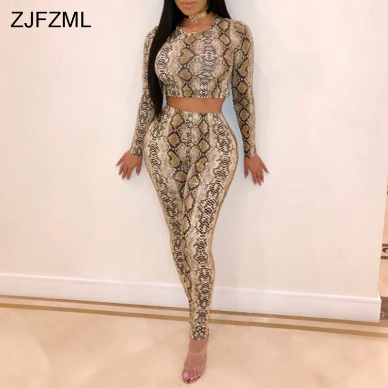 

Snake Print Sexy 2 Piece Sweatsuit Women O Neck Full Sleeve Crop Top + Bodycon Pencil Pants Suits Casual Two Piece Club Outfits